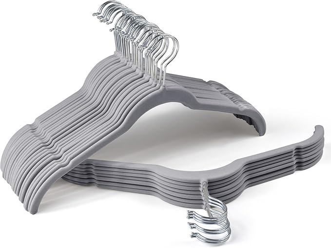 Premium Velvet Shirt Hangers 30 Pack, Space-Saving Non-Slip Felt Hanger with 360° Swivel Hook, Slim Flocked Hangers for Strappy Dresses, Blouses, Tank Tops (Grey)