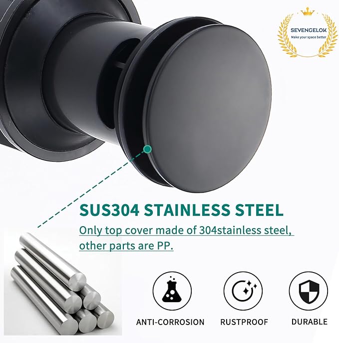 SevenGelok Black Sink Drain with Overflow Pop Up Sink Drain Stopper for Sink Faucet Vessel Vanity Bathroom Sink Drain Strainer with Hair Catcher Anti-Clog Strainer Matte Black, SD30-BK