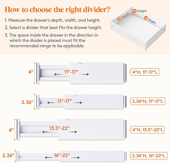 Lifewit 5 Pack Drawer Dividers Plastic 4" High, 13.5-22" Adjustable Drawer Organizers for Clothes, Expandable Dresser Separators in Bedroom/Bathroom/Kitchen/Fridge/Office Organization and Storage