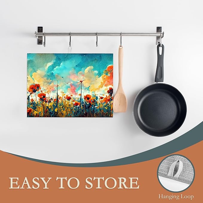 UIUPRO Colorful Flowers Dish Drying Rack Mat for Kitchen Counter, Watercolor Dish Drying Pad Absorbent Reversible Microfiber Protector for Coffee Bar Sink Countertops 18x24 Inch