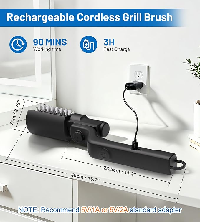 Electric Grill Brush 2-in-1 Automatic Grill Cleaner with Adjustable Angle, Includes 3-Speed Power Motor Stainless Steel & Scouring Pad Heads, Waterproof Cleaning Tool for for BBQ Grates & Griddles