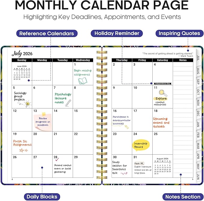 Planner 2026-2027, Academic Year Monthly and Weekly Calendar Planner, Jul 2026 - Jun 2027, Hardcover Teacher Student Planning Agenda book with Tabs, Perfect for School Office Supplies, 6.3" x 8.5" - Petal Rhythm