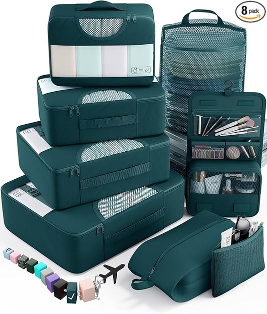 Veken 8 Set Packing Cubes for Travel Essentials, Suitcase Organizer Bags in 4 Sizes, Carry-On Luggage Accessories with Large Laundry & Hanging Toiletry Bag, Must-Have for Airplane, Road Trip & Camping