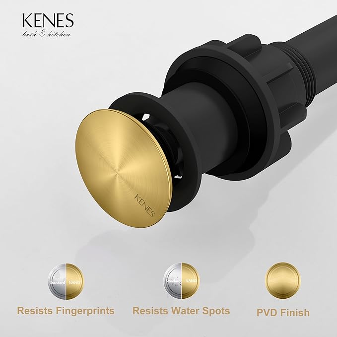 KENES Bathroom Vessel Sink Pop Up Drain Without Overflow Assembly, Lavatory Vanity Sink Drain Stopper, Anti-Clogging Drain Strainer, Brushed Gold, KE-P300A-4