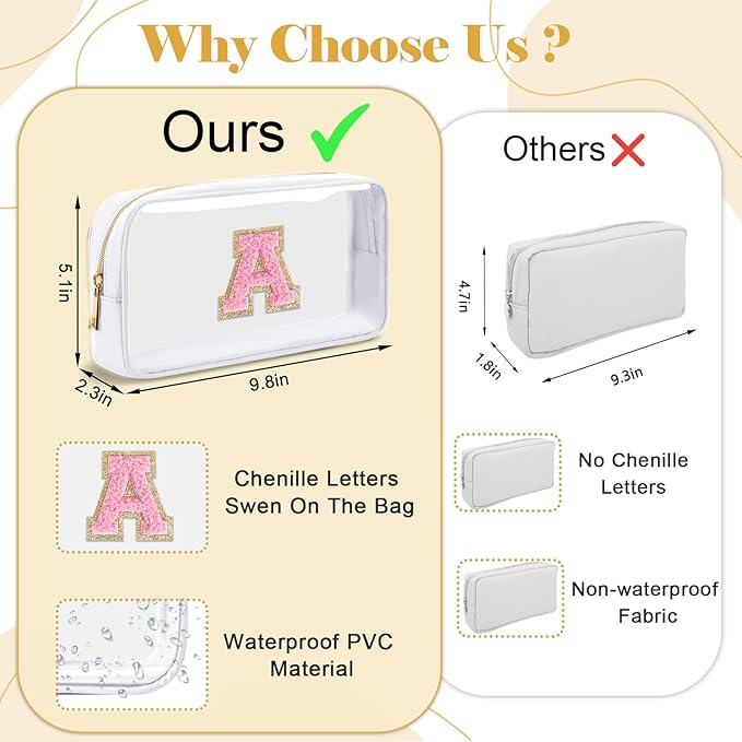 Personalized Initial Letter Clear Makeup Bag,Preppy Small Nylon&PVC Cosmetic Zipper Bag with Chenille Letter,Travel Skincare Toiletry Bag,Monogram Christmas Gift for Teen Girls Women,J
