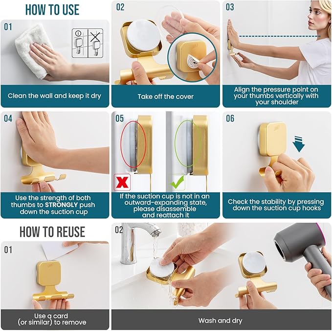 TAILI 2 Pack Powerful Suction Cup Razor Holder, 304 Stainless Steel Bathroom Suction Hooks for Towel, Loofah, Bathrobe, Stylish Shaver Holder for Shower Wall, Easy to Install and Reuse, Gold