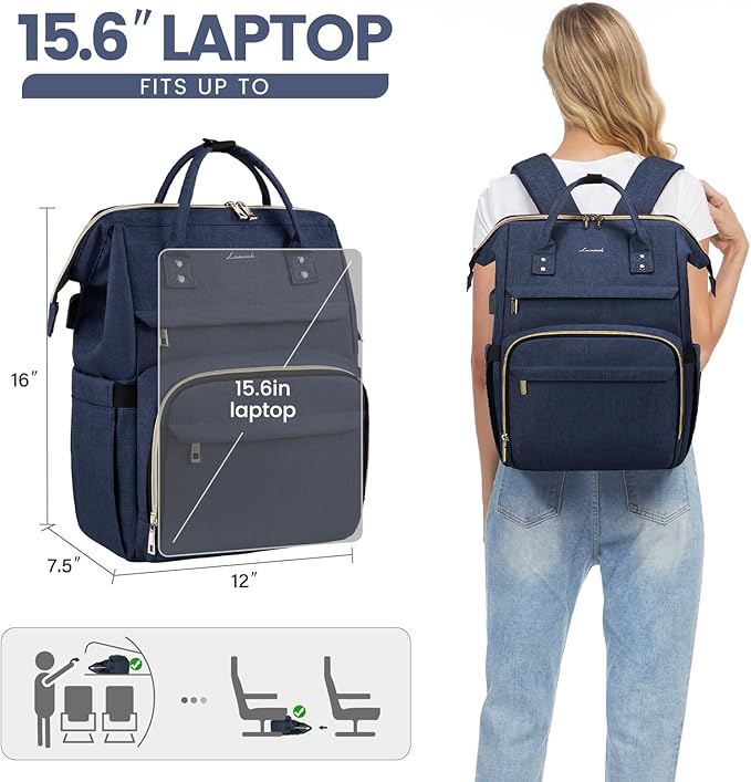 LOVEVOOK Laptop Backpack for Women, 15.6 Inch Professional Women's Travel Backpack Purse, Computer Laptop Bag, Nurse Teacher Backpack, Waterproof College Work Bag, Carry-on Backpack with USB Port, Dark Blue