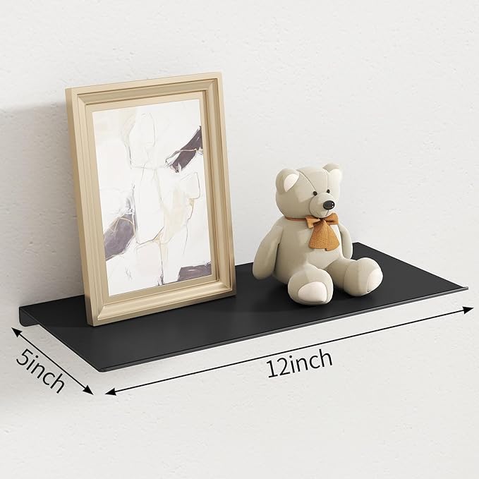 MKO 2 Pack 12" Floating Shelves for Wall, Metal Wall Mounted Shelf for Bathroom, Bedroom, Living Room, Kitchen, Little Hanging Shelves for Books/Storage/Room Decor, Black