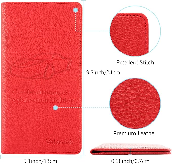 Valardoh Premium Car Registration and Insurance Card Holder, Car Document Holder for Cards, Driver License & other Essential Documents (Red)