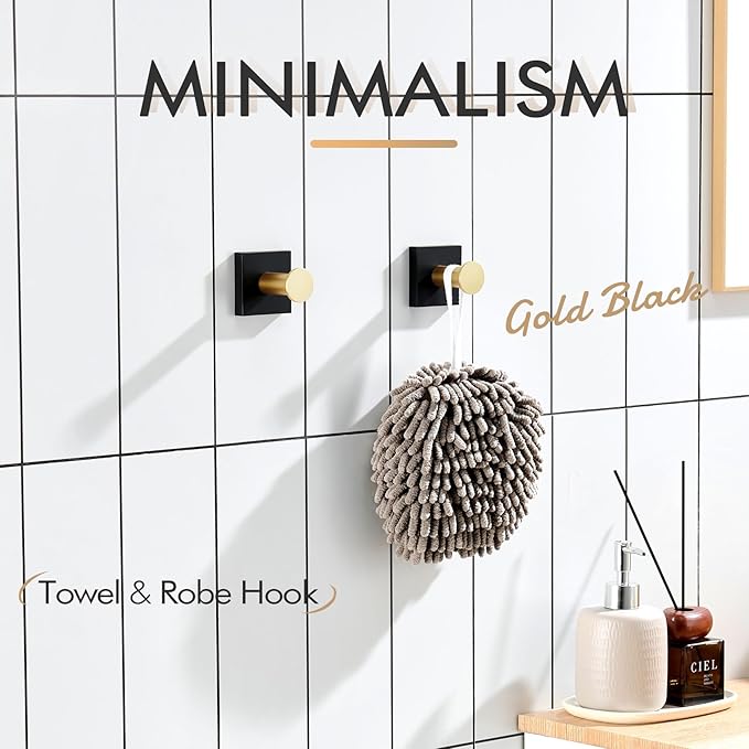 KOKOSIRI Robe Hooks Bath Towel Hooks for Wall Closet Kitchen Hanging Towels Bathroom Hardware Black with Gold Stainless Steel 2 Pack, B1016GDK-P2