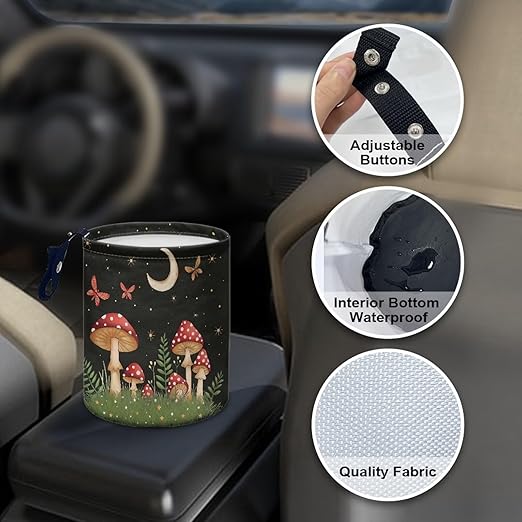 Panskyllis Cute Mushroom Moon Auto Garbage Bag Trash Can Leak Proof Waste Basket Container Bag Bin Hanging Cup Holder Organizer with Strap Mini Car Interior Accessories for Auto, Camping, Travelling