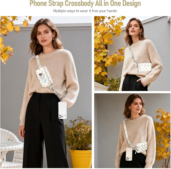 Clip and Go Strap for Phone with Wallet Crossbody Phone Lanyard and Detachable Checkered Bag with ID Window and RFID Pouch for Daily Travel.