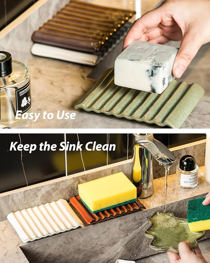 Zoeeker Soap Dish, Ceramic Soap Holder Bar Soap Saver Non-Slip Bathroom Accessories for Sponges, Scrubber, Razor, Green