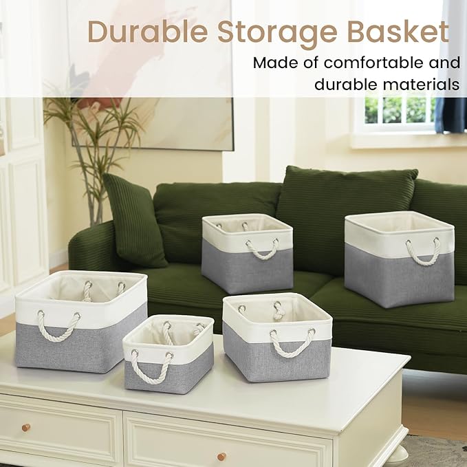 VQRTEXA Storage Baskets for Shelves 11.8x7.9x5.2 Inch, Foldable Fabric Storage Bins with Handles, Small Storage Baskets for Organizing Closet, Bathroom, Office, Home Organization (1-Pack, White&Gray)