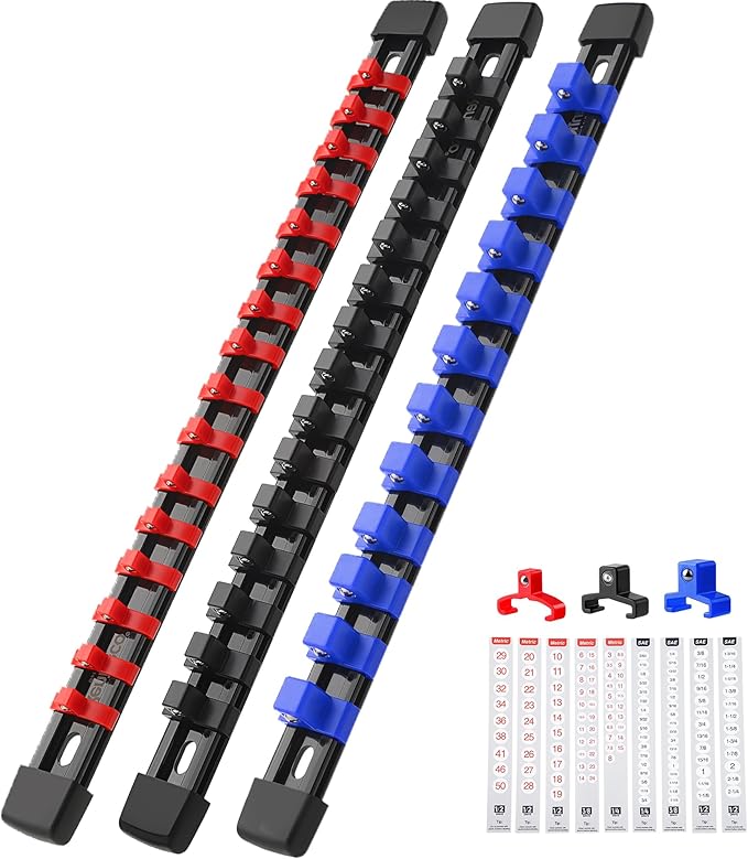 3-Piece Socket Organizer - 1/4-Inch x 16 Clips, 3/8-Inch x 15 Clips, 1/2-Inch x 12 Clips, Heavy Duty ABS Socket Holder, Premium Quality Socket Clip Rail Holder for Tool Box Drawer