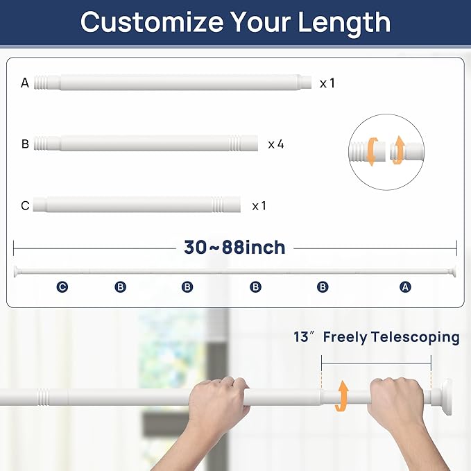 ENJOYBASICS 샤워 커튼 봉 76.2cm~223.52cm, 스테인리스 스틸 조절 가능한 스프링 텐션 봉, 욕실, 옷장, 창문, 공간 분리용, 못질 불필요, 녹슬지 않음, 미끄럼 방지, 화이트