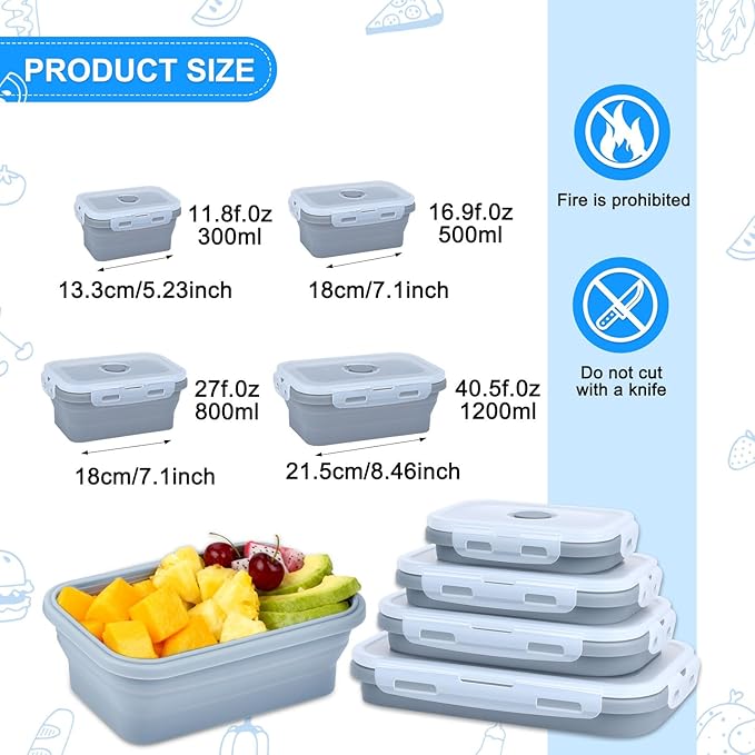 4 Set Collapsible Food Storage Containers Silicone Lunch Container with Lids Collapsible Lunch Box Food for Camper Leftovers Snacks Meals Dorm Kitchen Microwave Dishwasher and Freezer Gray