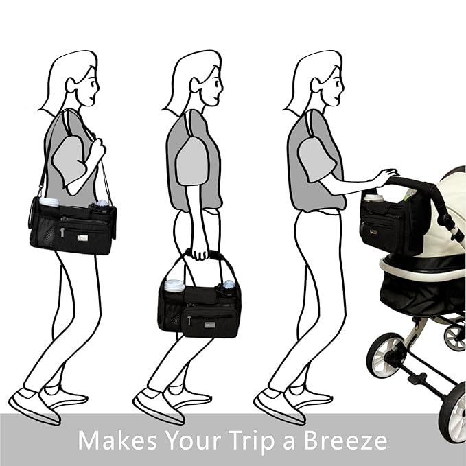 TOPDesign Universal Baby Stroller Organizer, Stroller Caddy with Detachable Mesh Bag & Heightened Insulated Cup Holders & Non-Slip Secure Hooks Accessories, Fits Most Strollers (Grey)