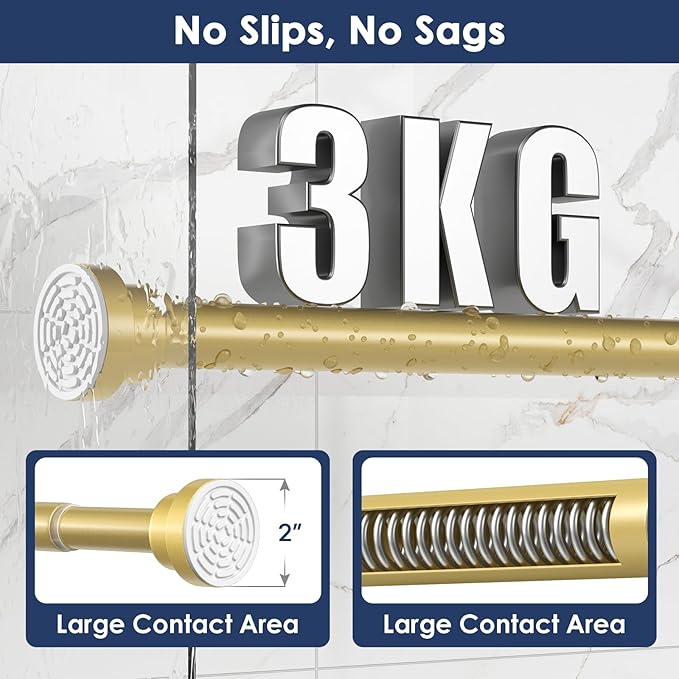 AIZESI 1Pack Tension Curtain Rod 32 to 64 Inch No Drilling Adjustable Spring Loaded Curtain Rods for Window Bedroom Doorway Closet, Gold
