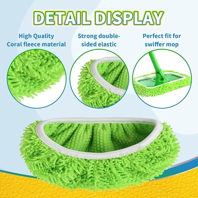 8 Pack Chenille Mop Pads, Reusable Microfiber Mop Refills for 10''–12'' Flat Mops, Washable Wet & Dry Floor Pads for Hardwood, Tile, Compatible with Swiffer Sweeper