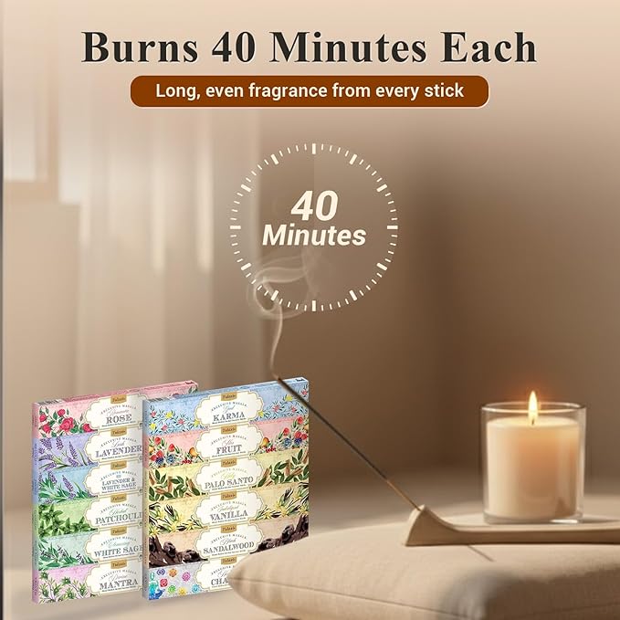 Tulasi Incense Sticks Set of 12 Scents (180 Sticks) Variety Natural Fragrances - Lavender, White Sage, Patchouli, Rose, Chakra, Mantra, Sandalwood, Palo Santo, Fruit for Positive Vibes, Thanks Giving
