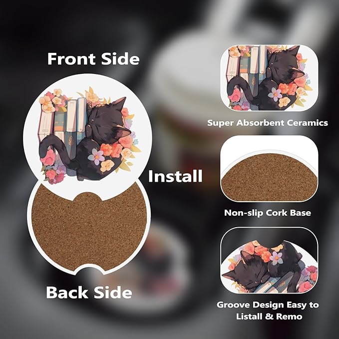 Car Cup Holder Coasters, 2 Pcs Ceramic Coasters with Cork Back and Finger Slot, Anti-Slip Shock Absorbing Women and Men Universal Car Accessories - Cat Floral