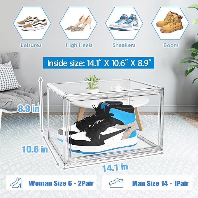 10 Pcs Acrylic Sneaker Shoe Display Case Size 14, Transparent Shoe Box Storage Bins Clear Plastic Stackable Boot Handbag Organizer Containers with Lids