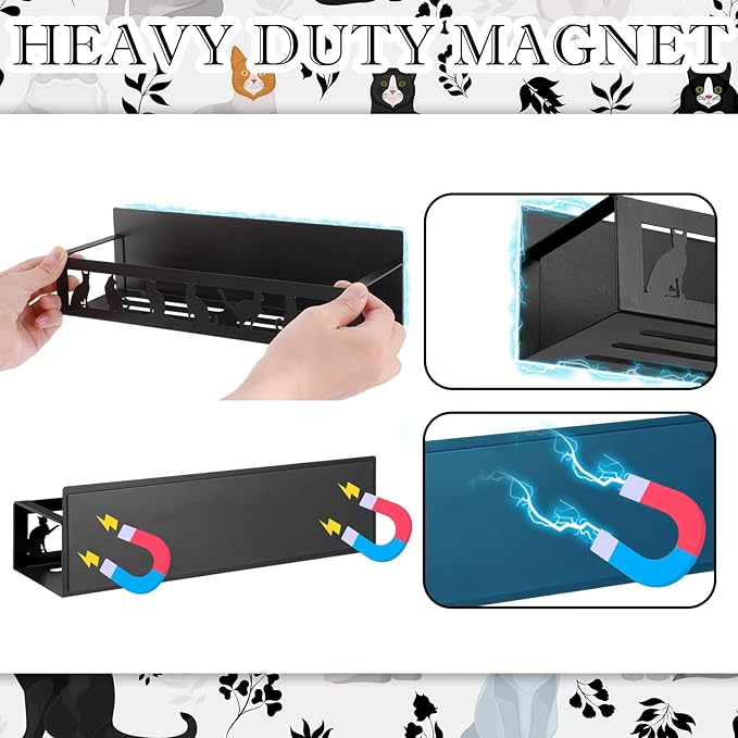 2 Pack Black Cat Magnetic Spice Rack for Refrigerator Metal Magnet Basket Shelf for Fridge Seasoning Storage Organizers Home Decor Kitchen Accessories (Black)