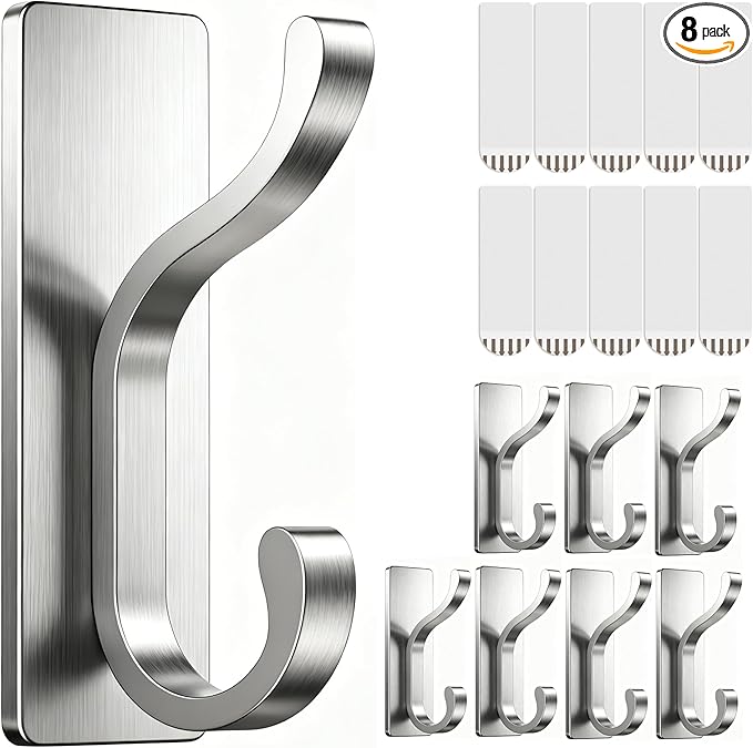 pickpiff Wall Hooks with Adhesive Strip - Easy to Remove, No Residue, Strong Heavy Duty Sticky Towel Hook, 8 Pack Silver