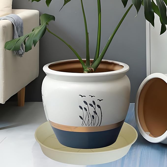 Bleuhome 4 Pack of 16 inch Plant Saucer (13.5" Base), Heavy Duty Plant Tray for Pots, Flower Water Trays for Indoors, Bird Bath Bowls, Plant Drip Saucers for Planter 14"/15"/16" (Beige)