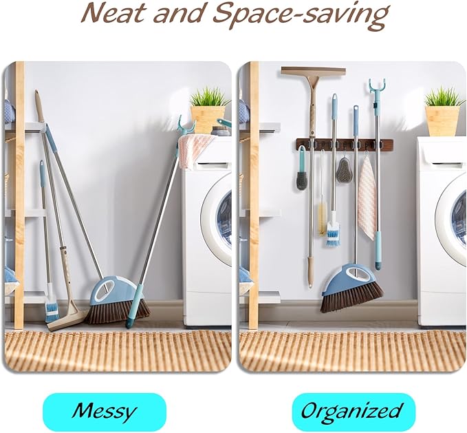 Mop and Broom Holder Wall Mount - Rustic Wood Broom Mop Hanger - Wall Mounted Garden Tool Rack Organizer for Closet Garage Laundry Room Kitchen Decor With 4 Slots & 4 Hooks
