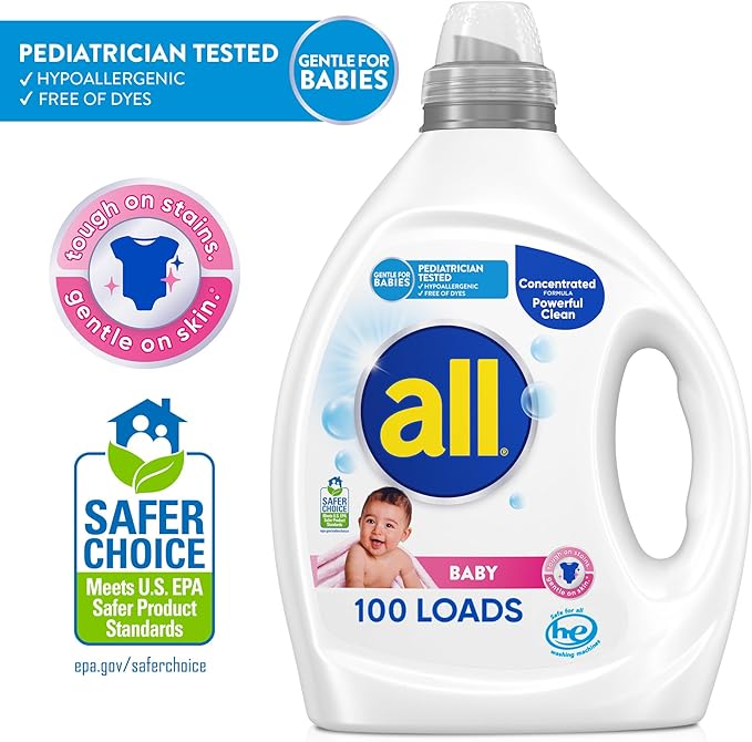all Baby,Gentle for Baby,Liquid Laundry Detergent,Hypoallergenic for Sensitive Skin,Concentrated,75oz,100 Loads,(Pack of 2)