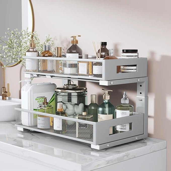 2 Packs 19IN Depth Under Sink Organizer, 2-Tier Pull Out Cabinet Organizer With Smooth Circular Rail, Large Capacity Metal Mesh Sliding Drawers For Bathroom& Kitchen Storage, Height Adjustable–Gun Gray