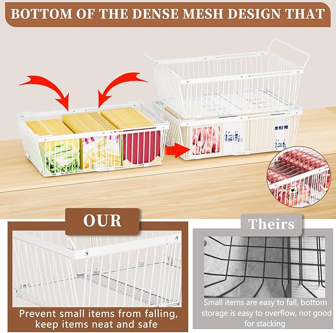 Large Freezer Organizer Bins, Upgraded Bottom Leak-Proof Net, 2 Pack, Expandable Stackable Chest Freezer Containers with Handle, for Fridge, Deep Freezer, Cabinet, Kitchen, Pantry (White-2Pack)