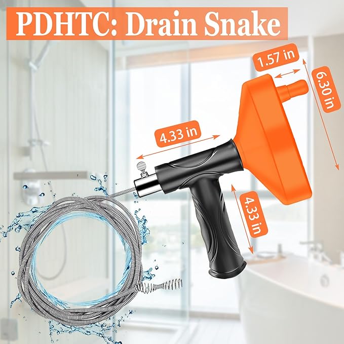 33 Feet Drain Snake Auger, Plumbing Snake Drain Hair Clog Removal Tool, Heavy Duty Toilet Snake Auger, Sink Unclogger Drain Cleaner Tool for Bathroom Kitchen Tub Shower with Gloves