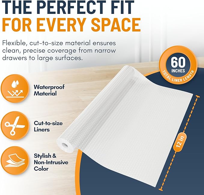 Shelf Liner Drawer Liner for Kitchen Cabinets Non-Adhesive by Linda’s Essentials (12 x 60 Inches) - Non-Slip Easy Clean Kitchen Cabinet and Cupboard Protector, Waterproof Mat, Clear Roll