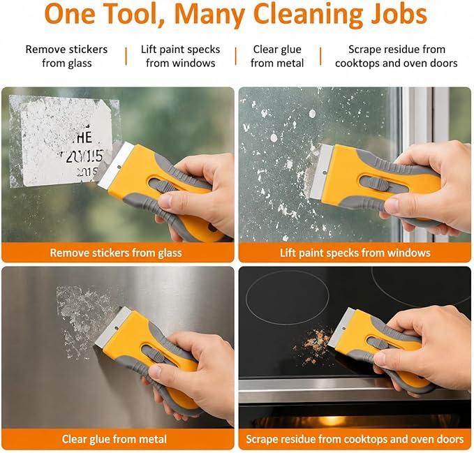 Razor Blade Scraper Tool, 2 Pack Scraper with 20 Replacement Blades, Retractable Scraper with Safety Lock and Non-Slip Grip for Removing Stickers, Labels, Paint, Caulk from Windows, Cooktop and Glass
