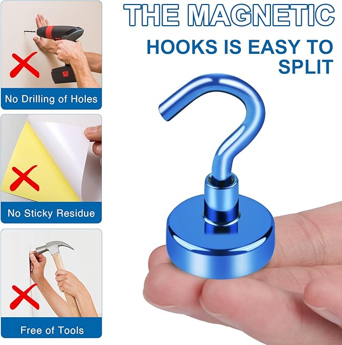 LOVIMAG Magnetic Hooks Heavy Duty, 170LBS Strong Magnets with Hooks for Cruise Cabins, Neodymium Magnet Hooks for Hanging, Blue Magnetic Hooks for Kitchen, Tool Room, Grill- 4 Pcs