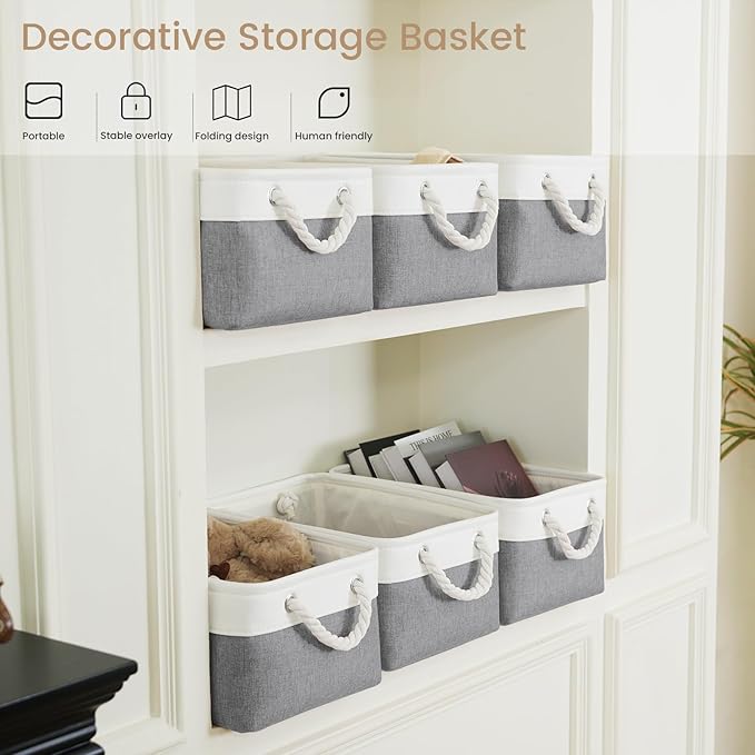 VQRTEXA Storage Baskets for Shelves 13.8x9.8x6.7 Inch, Foldable Fabric Storage Bins with Handles, Small Storage Baskets for Organizing Closet, Bathroom, Office, Home Organization (3-Pack, White&Gray)