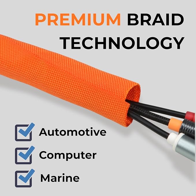 1/8 inch Split Braided Cable Management Sleeve for USB Cable Power Cord Audio Video Cable, Wire Loom Cord Protector from Cat Dog Chewing (Orange, 10FT)