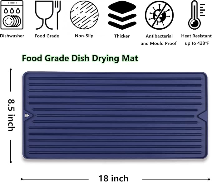 Dish Drying Mat, Small Silicone Drying Mat for Kitchen Counter, Heat Resistant Silicone Trivet for Countertop Protector, Super Thick Dish Drying Pad for Cup/Bottle/Glassware, Long & Narrow