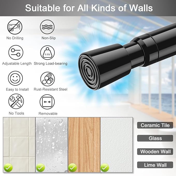 AIZESI Spring Tension Rods Adjustable Tension Curtain Rod Small Tension Rod No Drilling Expandable Spring Loaded Curtain Tension Rod（Black,18" to 28"-4Pcs)