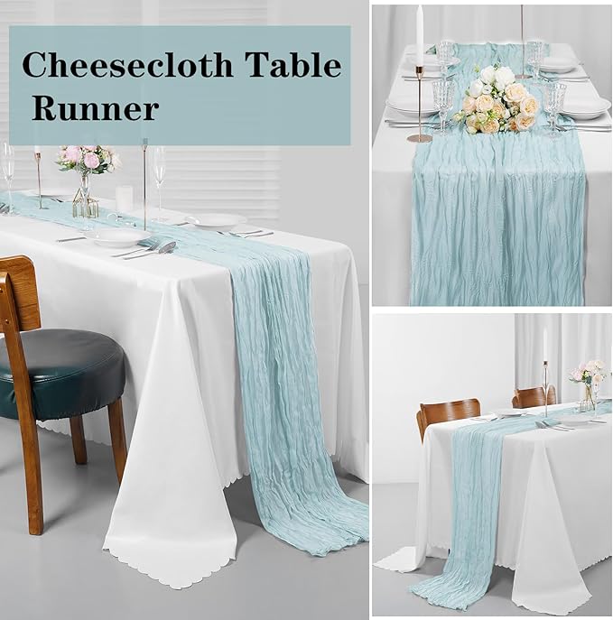 Bailarina 25 Pack Cheesecloth Table Runner 17x108 Inch Long Gauze Cheese Cloth 9ft Wrinkled Sheer Table Runner for Wedding Reception Birthday Party Table Decoration (Light Blue)