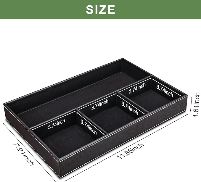 GORESE 2 Pieces Faux Leather Valet Tray for Men, Stackable Jewelry Organizer for Drawers, Nightstand Caddy Tray for Key, Wallet, Sunglass, Watch, Coin, Phone, Bedside Desk-top Storage Black