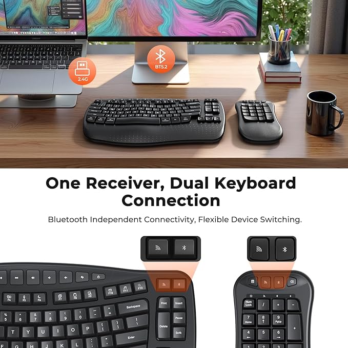 MEETION Wave Ergonomic Keyboard, 2.4GHz Wireless/Bluetooth Split Keyboard with Wrist Rest, Separate Mini Numeric Keypad, Flexible 2-in-1 Setup for Left-Handed/Accountants/Data Entry