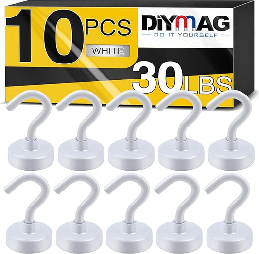 DIYMAG Magnetic Hooks for Hanging Cubicle Accessories, 30lbs 2026 Cruise Cabin Ship Essentials N52 Magnetic Hook Heavy Duty Strong Magnets Fridge for Classroom Beach Kitchen Grills 10 Pack White