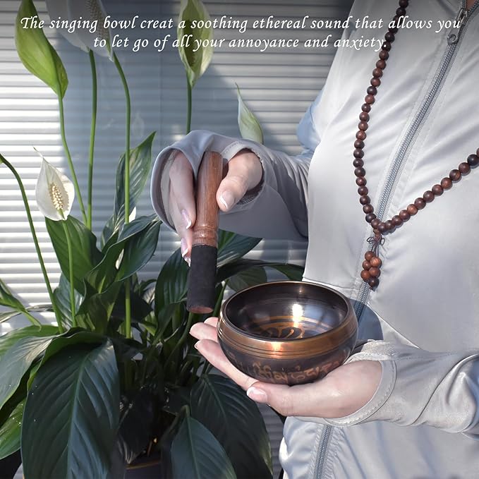 Artcome 7PCS Tibetan Meditation Set - Tibetan Singing Bowl & Tibetan Tingsha Cymbals Bells Handmade in Nepal for Meditation, Yoga, Tranquility, Relaxation, Chakra Healing, Stress Relief & Mindfulness