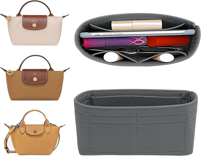 Felt Mini Organizer Insert for Longchamp mini XS Bag, Purse Organizer Insert For Handbag (LightGrey)