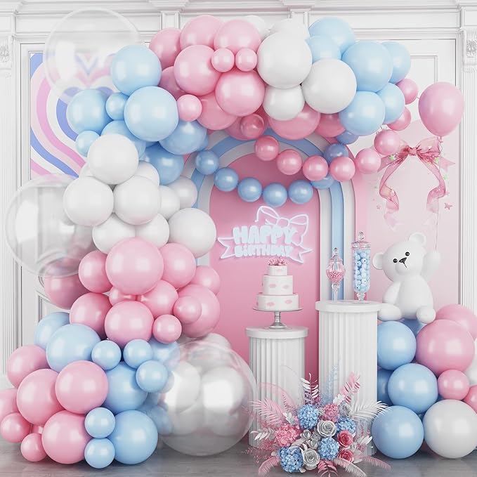 Pink and Blue Balloons Garland Arch Kit,Gender Reveal Balloon,Pink Blue White Clear Party Latex Balloons with 18/12/5 Inch Different Sizes for Gender Reveal Birthday Baby Shower Wedding Anniversary