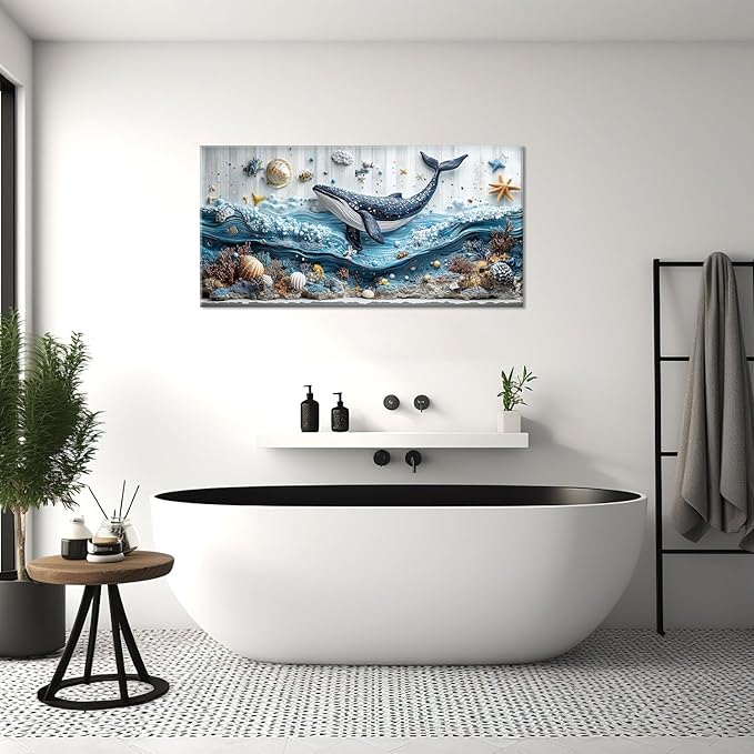ZESTRILIA Ocean Whale Wall Art for Kids Room Navy Blue Marine Organism Underwater World under the Sea Canvas Painting Prints Artwork Family Living Bedroom Decor (30x16 Inches)